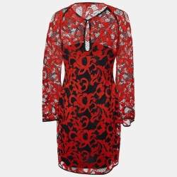 Pre Owned Diane Von Furstenberg Red & Black Lace Gadie Mini Dress M