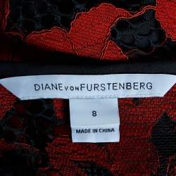 Pre Owned Diane Von Furstenberg Red & Black Lace Gadie Mini Dress M