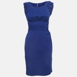 Pre Owned Diane Von Furstenberg Blue Nylon Ruched Mini Dress S