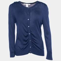 Diane von Furstenberg Navy Blue Silk & Cashmere Knit Ruched Cardigan L