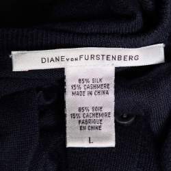 Pre Owned Diane von Furstenberg Navy Blue Silk & Cashmere Knit Ruched Cardigan L