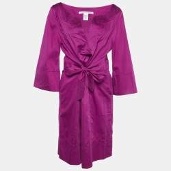 Pre Owned Diane Von Furstenberg Magenta Cotton Pintuck Tie Detail Faustine Dress XL