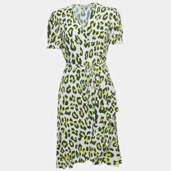 Diane Von Furstenberg Green Leopard Print Crepe Midi Wrap Dress M