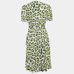 Diane Von Furstenberg Green Leopard Print Crepe Midi Wrap Dress M
