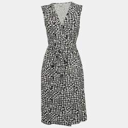 Diane Von Furstenberg Black/White Geometric Print Jersey Midi Wrap Dress L