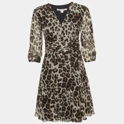 Diane Von Furstenberg Brown Leopard Print Silk Flared Mini Dress S