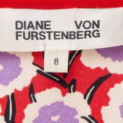 Pre Owned Diane Von Furstenberg Red Floral Print Silk Ruffled De Chine Top M