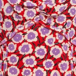 Pre Owned Diane Von Furstenberg Red Floral Print Silk Ruffled De Chine Top M