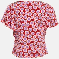 Pre Owned Diane Von Furstenberg Red Floral Print Silk Ruffled De Chine Top M