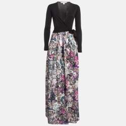 Pre Owned Diane Von Furstenberg Multicolor Floral Print Jersey and Silk Blend Maxi Wrap Dress S