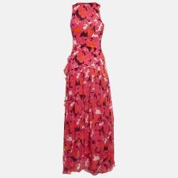 Pre Owned Diane Von Furstenberg Pink Eden Garden Print Jersey and Silk Davina Maxi Dress S