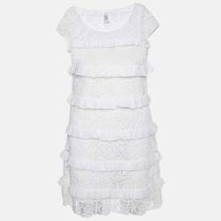 Pre Owned Diane Von Furstenberg White Lace Ruffle Detail Arcelia Dress M