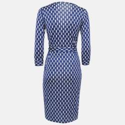Pre Owned Diane Von Furstenberg Blue Printed Silk Jersey Wrap Dress XS
