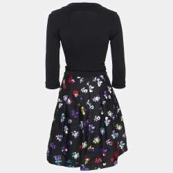 Pre Owned Diane Von Furstenberg Black Floral Printed Wool and Silk Wrap Dress S