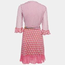 Pre Owned Diane Von Furstenberg Pink Floral Print Silk Jersey Wrap Dress L