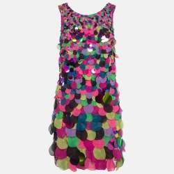 Pre Owned Diane Von Furstenberg Multicolor Embellished Silk V Neck Mini Dress S