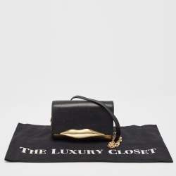 Diane Von Furstenberg Black/Gold Lizard Embossed and Leather Carolina Lips Clutch Bag