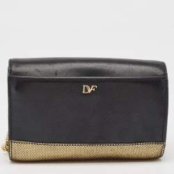 Diane Von Furstenberg Black/Gold Lizard Embossed and Leather Carolina Lips Clutch Bag