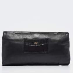 Diane Von Furstenberg Black Croc Embossed and Leather Flap 440 Shoulder Bag