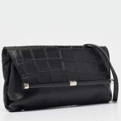 Diane Von Furstenberg Black Croc Embossed and Leather Flap 440 Shoulder Bag