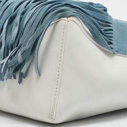 Diane Von Furstenberg Slate Blue/Ivory Leather and Suede Fringe Wristlet Bag