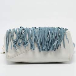 Diane Von Furstenberg Slate Blue/Ivory Leather and Suede Fringe Wristlet Bag