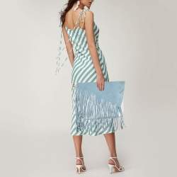 Diane Von Furstenberg Slate Blue/Ivory Leather and Suede Fringe Wristlet Bag