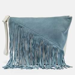 Diane Von Furstenberg Slate Blue/Ivory Leather and Suede Fringe Wristlet Bag