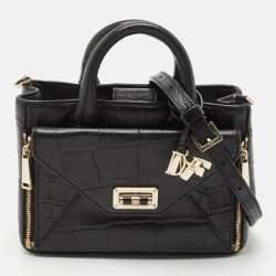 Diane Von Furstenberg Black Croc Embossed Leather Mini Secret Agent Tote