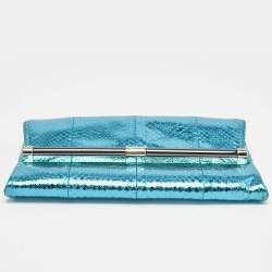 Diane Von Furstenberg Metallic Blue Foil Snakeskin Envelop Clutch