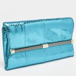 Diane Von Furstenberg Metallic Blue Foil Snakeskin Envelop Clutch