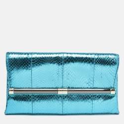 Diane Von Furstenberg Metallic Blue Foil Snakeskin Envelop Clutch