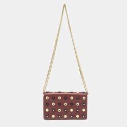 Pre Owned Diane Von Furstenberg Burgundy/Beige Leather Studded Soiree Clutch Bag