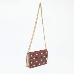 Pre Owned Diane Von Furstenberg Burgundy/Beige Leather Studded Soiree Clutch Bag
