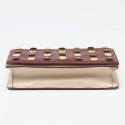 Pre Owned Diane Von Furstenberg Burgundy/Beige Leather Studded Soiree Clutch Bag