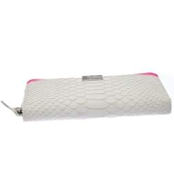 Pre Owned Diane Von Furstenberg White Python Embossed Leather Zip Around Wallet
