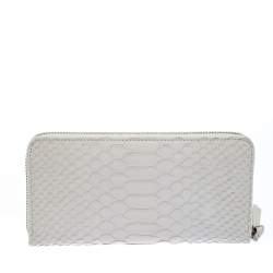 Pre Owned Diane Von Furstenberg White Python Embossed Leather Zip Around Wallet