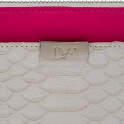 Pre Owned Diane Von Furstenberg White Python Embossed Leather Zip Around Wallet