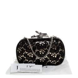 Pre Owned Diane Von Furstenberg Black/Gold Lace and Patent Leather Sphere Chain Clutch