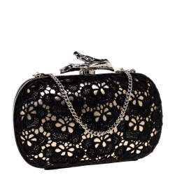 Pre Owned Diane Von Furstenberg Black/Gold Lace and Patent Leather Sphere Chain Clutch