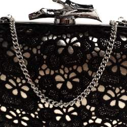 Pre Owned Diane Von Furstenberg Black/Gold Lace and Patent Leather Sphere Chain Clutch