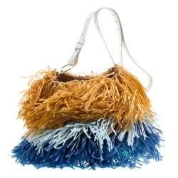 Pre Owned Diane Von Furstenberg Multicolor Raffia and Leather Fringe Shoulder Bag