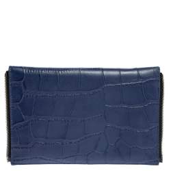 Pre Owned Diane Von Furstenberg Blue Croc Embossed Secret Agent Clutch
