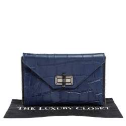 Pre Owned Diane Von Furstenberg Blue Croc Embossed Secret Agent Clutch