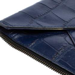 Pre Owned Diane Von Furstenberg Blue Croc Embossed Secret Agent Clutch