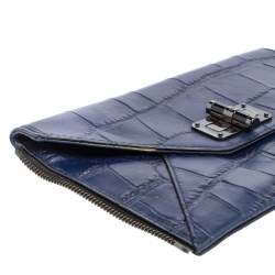Pre Owned Diane Von Furstenberg Blue Croc Embossed Secret Agent Clutch