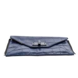 Pre Owned Diane Von Furstenberg Blue Croc Embossed Secret Agent Clutch