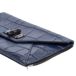 Pre Owned Diane Von Furstenberg Blue Croc Embossed Secret Agent Clutch