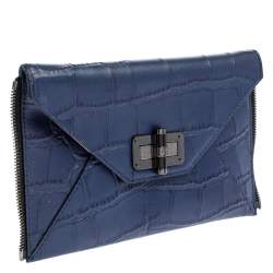 Pre Owned Diane Von Furstenberg Blue Croc Embossed Secret Agent Clutch