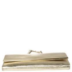 Pre Owned Diane Von Furstenberg Metallic Gold Lizard Embossed Leather Chain Clutch